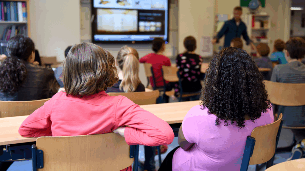 Children sitting in classroom, listening to a teacher and looking at board