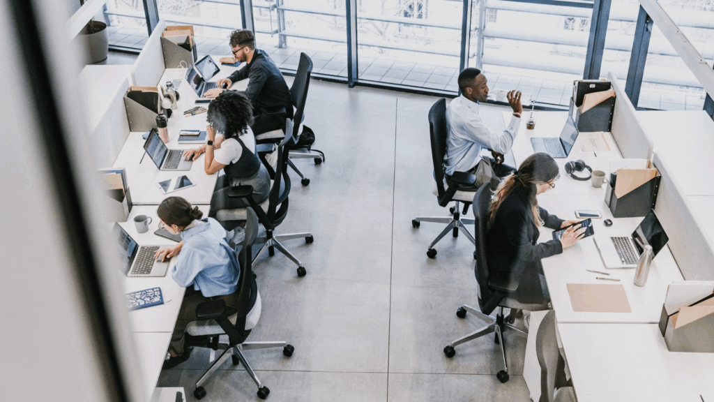 Five people working at computers in a modern office.
